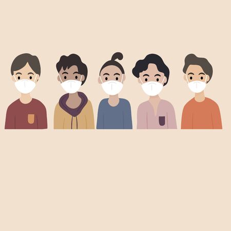 Concept of virus prevention and air pollution - Diverse group of young man wearing medical masks masks banner. Diseases, respiratory viral infection. Vector illustration in a flat style.のイラスト素材