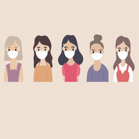 Concept of virus prevention and air pollution - Diverse group of women wearing medical masks masks banner. Diseases, respiratory viral infection. Vector illustration in a flat style.のイラスト素材