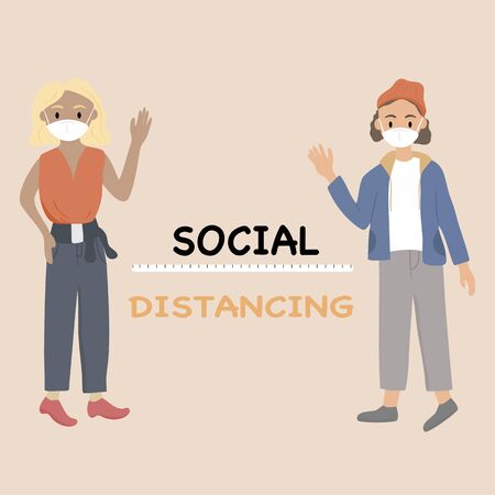 Social distancing concept - Women and men stood apart to greet each other to prevent the spread of the Covid-19 virus. Vector illustration in a flat style.のイラスト素材