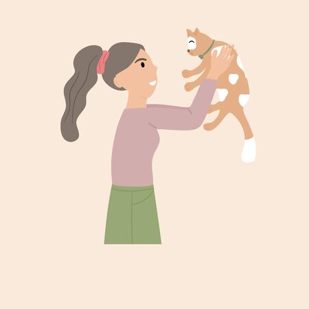 Pet owner isolated on Soft tone background. woman holds the cute cat in the chest warmly.  Portrait of happy pet owner. Vector illustration in a flat style.のイラスト素材