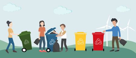 Eco-friendly and World Environment Day. Group of people are helping to protect the environment by properly throwing out plastic waste, glass bottles, food waste and paper Bio technology.のイラスト素材