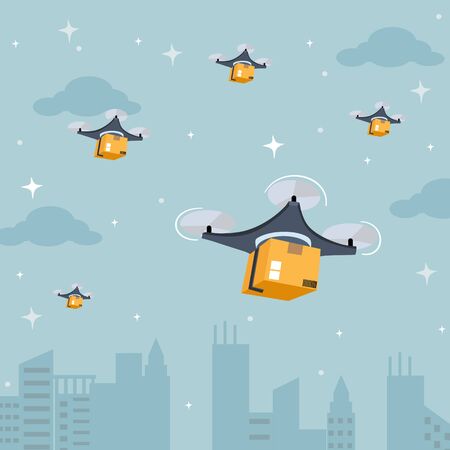 Drone delivery service. Quadcopter flies over tall buildings and carries parcels for delivery to customer at night. Modern logistic system fast transportation concept. Flat design vector illustration.のイラスト素材