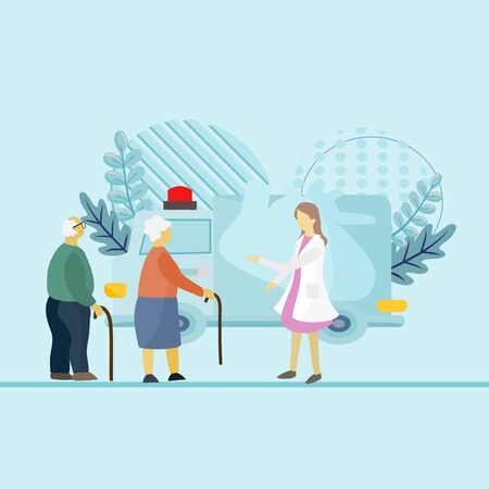 Illustration in flat style Old people and medical treatment, Grandfather and grandmother were walking to see the doctor in the examination room in the hospital. Social advertising, signboard, web.のイラスト素材
