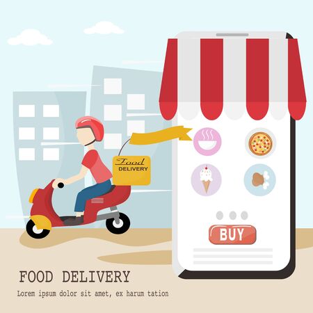 Fast food delivery service concept - Food delivery man is riding a red scooter to deliver food during the Covid virus epidemic. Free delivery by motorbike. Vector flat design illustration.のイラスト素材