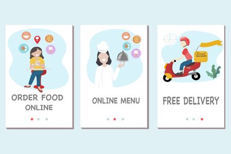 Fast food delivery service concept - Food delivery man is riding a red scooter to deliver food during the Covid virus epidemic. Free delivery by motorbike. Vector flat design illustration.のイラスト素材