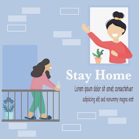 Stay home concept. People are quarantined or segregated in their homes to reduce the spread of the covid-19. House facade with windows. Vector flat design illustration.のイラスト素材