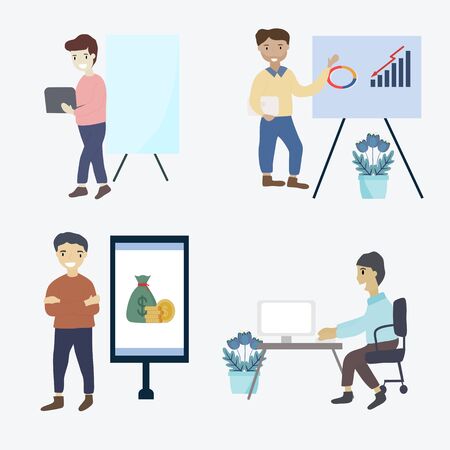 Businessman concept - Group of business people that are successful in working in the office effectively. Businessman with presentations and arrangements. Flat vector illustration.のイラスト素材