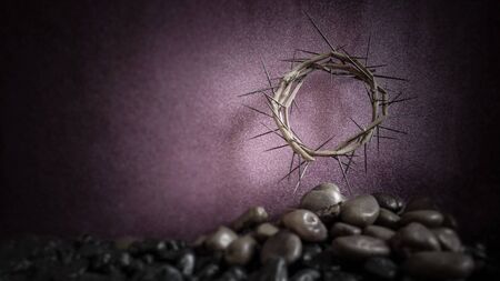 Lent Season,Holy Week and Good Friday concepts - image of crown of thorns with stones in purple vintage backgroundの写真素材