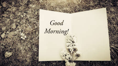Inspirational concept - Good morning text written on notebook. Stock photo.の写真素材