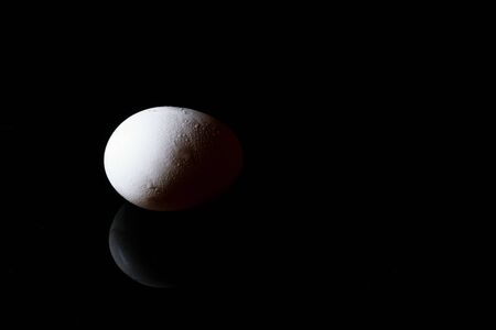 An isolated white egg with its reflection on the surface in a white backgroundの写真素材