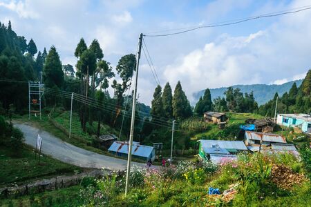A highway in a mountain and greenery by the side. Many houses by the sidesの写真素材