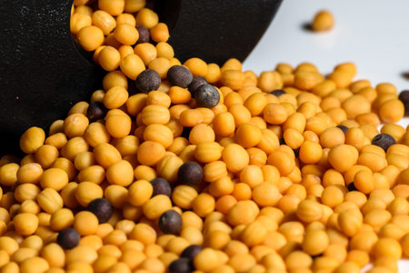 Medicine tablets of yellow and black color pouring from a containerの写真素材