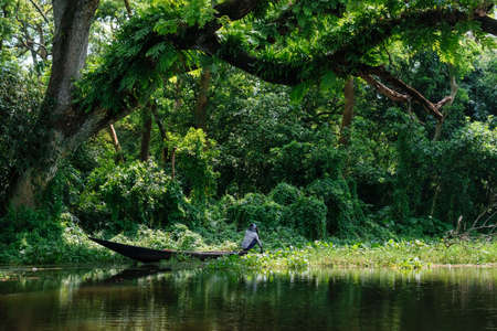 A landscape involving a boat with a boatman running through a river with transparent water in a village surrounded by treesの写真素材