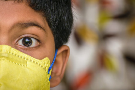 Isolated young Indian boy with prominent eyes wearing N95 face mask for protection against covid 19....