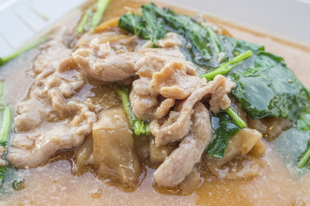 Fried noodle with pork and kale soaked in gravyの写真素材