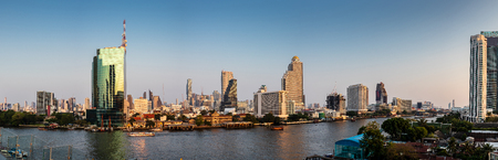 Bangkok,Thailand February 28,2019 : City scape view of Chao Phraya River in the evening,Panorama.のeditorial素材
