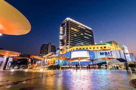 Bangkok, Thailand-March 2, 2019: Lighting of MBK Shopping Center, famous shopping mall in Bangkok, Thailand at twilight.のeditorial素材