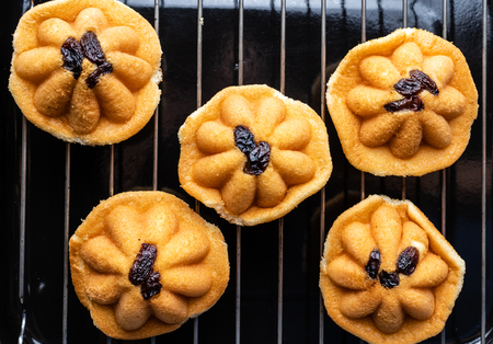 Khanom Khai or mini castella cake with raisin, a Thai sweetmeat made with egg and sugarの写真素材
