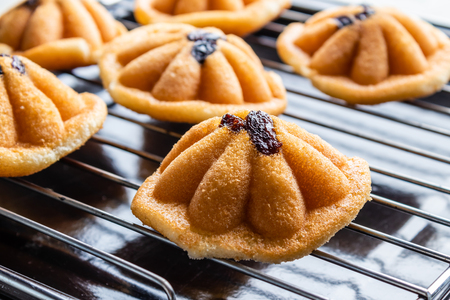 Khanom Khai or mini castella cake with raisin, a Thai sweetmeat made with egg and sugarの写真素材