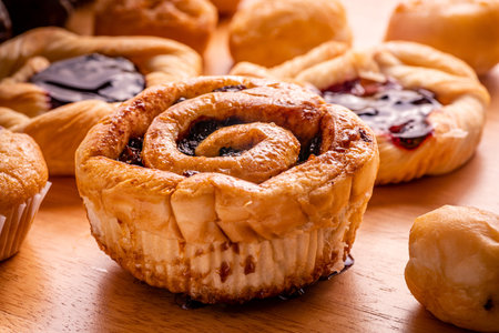 shinneon roll and many kind of bakery on wooden background