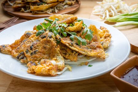 mussel fried in egg batter, Hoi Tod,Thai street foodの写真素材