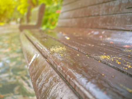 Close up Chair in the park after the rain,Wet chair in the parkの写真素材