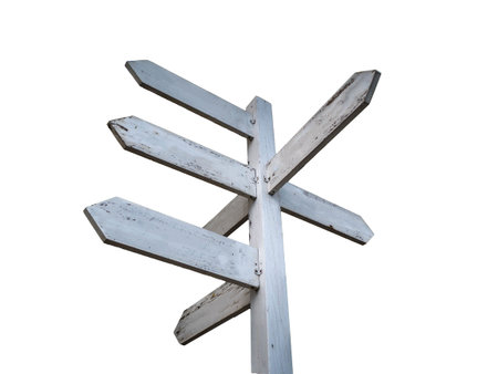 Vintage Wooden guide post on white background,White guide post on isolateの写真素材