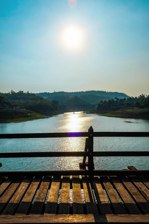 Mon bridge and beautiful Sunrise in Sangkhla Buri District Kanchanaburi thailandの写真素材