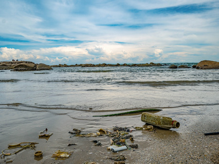 Environment pollution in High Season travel on the Mae Ram Phueng Beach,rayong thailand,Travel conceptの写真素材