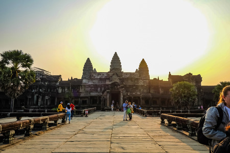 Siemreap/Cambodia - February 03 2016:Angkor wat siem reap with sunrise in the morning and tourist visit angkor wat,siem reap cambodia,wonder of the worldのeditorial素材