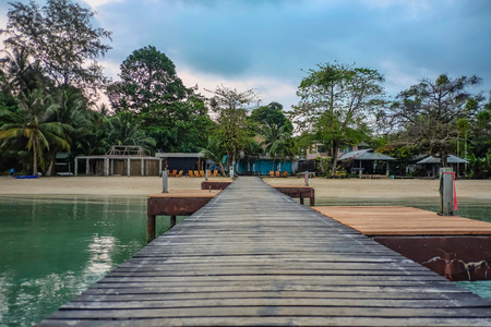 Wood harbor boat dock in the morning .koh mak island trat thailandの写真素材