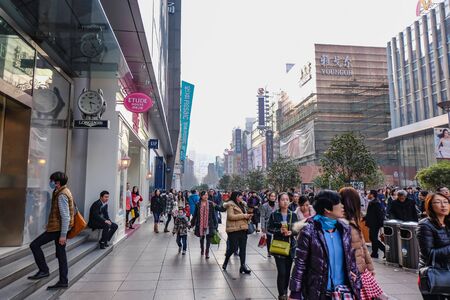 Shanghai/China -  January 24 2015: People walking in Nanjing Road Walking street in shanghai city chinaのeditorial素材
