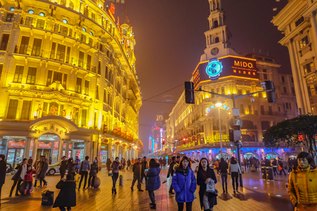 Shanghai/China -  January 24 2015: Night life of People walking in Nanjing Road Walking street in shang hai city chinaのeditorial素材