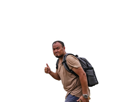 Back of Asian fat backpacker on isolated backgroundの写真素材