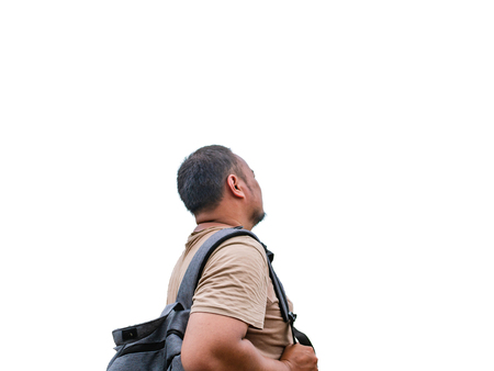 Back of asian fat backpacker on white background,isolated wallpaperの写真素材