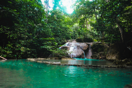 Deep forest waterfall in erawan national park kanchanaburi ,Thailand nature travelの写真素材