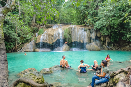 Kanchanaburi/thailand- November 21 2016 :Deep forest waterfall with tourist in erawan national park kanchanaburi ,Thailand nature travelのeditorial素材