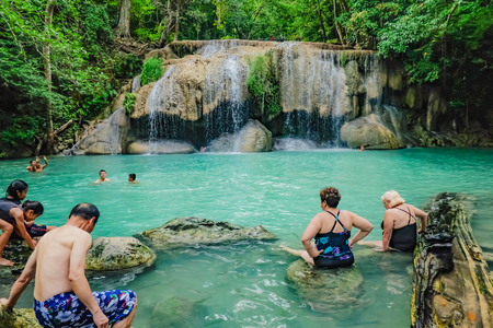Kanchanaburi/thailand- November 21 2016 :Deep forest waterfall with tourist in erawan national park kanchanaburi ,Thailand nature travelのeditorial素材