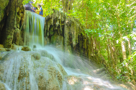 Deep forest waterfall in erawan national park kanchanaburi ,Thailand nature travelの写真素材