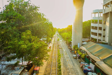 Railway with beautiful sunset sky in bangkok city,bangkok city thailand
