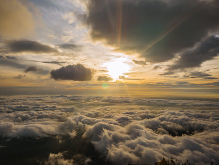 Beautiful Sunrise Sky with Sea of the mist of fog in the morning on Khao Luang mountain in...