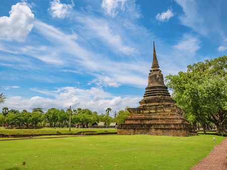 Ruin of Pagoda in Wat mahathat Temple Area At sukhothai historical park,Sukhothai city Thailandの写真素材