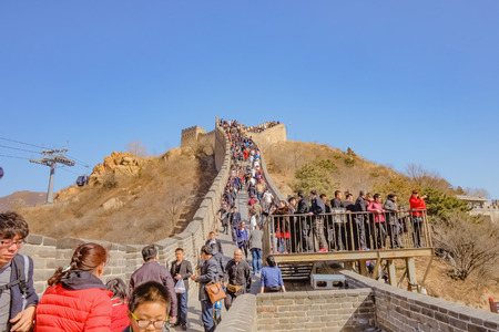 beijing/China - 27 February 2017:Unacquainted Chinese people or tourist walking in Great Wall of China at Beijing City.Great wall of China one of the 7 Wonders of the Worldのeditorial素材