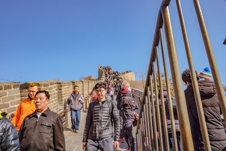 beijing/China - 27 February 2017:Unacquainted Chinese people or tourist walking in Great Wall of China at Beijing City.Great wall of China one of the 7 Wonders of the Worldのeditorial素材