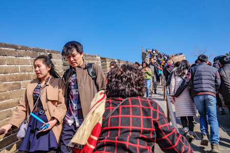 beijing/China - 27 February 2017:Unacquainted Chinese people or tourist walking in Great Wall of China at Beijing City.Great wall of China one of the 7 Wonders of the Worldのeditorial素材