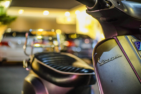 Bangkok/Thailand- 18 November  2017;Close up New Vespa S with Beautiful Light in Car Parkingのeditorial素材