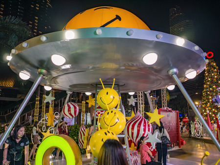 Bangkok/Thailand - 13 December 2018: Unacquainted people visit Christmas Festival with 2019 year World of Happiness concept on square in Front of Central World Department Store at Bangkok Thailandのeditorial素材
