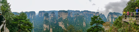 zhangjiajie/China - 14 October 2018: Beautiful mountain of Yuanjiajie or Avartar mountain with tourists at Zhangjiajie National Forest Park in Wulingyuan District Zhangjiajie City China in the Foggy day.のeditorial素材