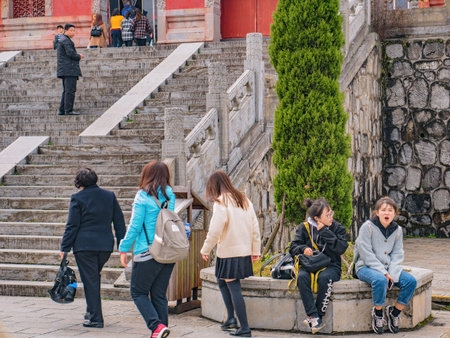 zhangjiajie/China - 15 October 2018:Unacquainted Tourists walking on tianmen temple on Tianmen...