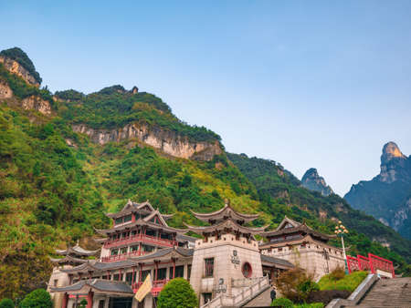 zhangjiajie/China-15 october 2018:beautiful view on viewpoint with toilet sigh on the bottom of tianmen mountain national park at Zhangjiajie city china.travel destination of Hunan zhangjiajie city Chinaのeditorial素材